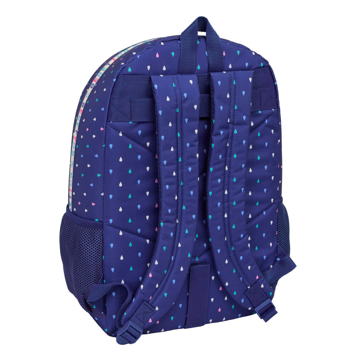 Uno zaino blu navy con un motivo a gocce di pioggia blu, rosa e verdi.