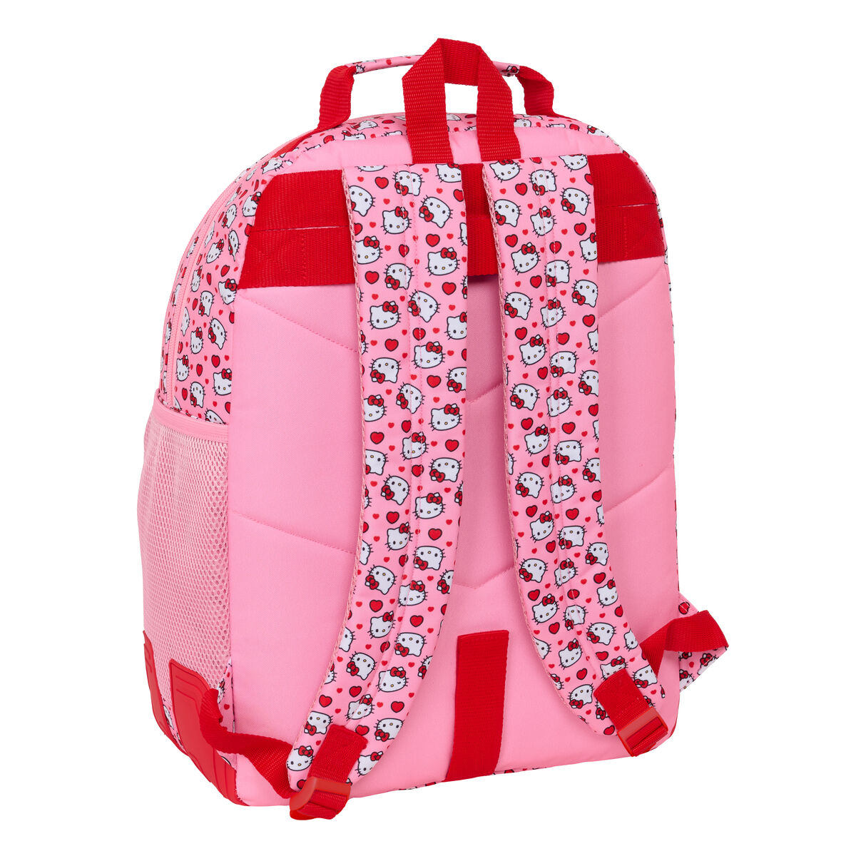Ein rosa Rucksack mit Hello Kitty-Muster und roten Trägern.