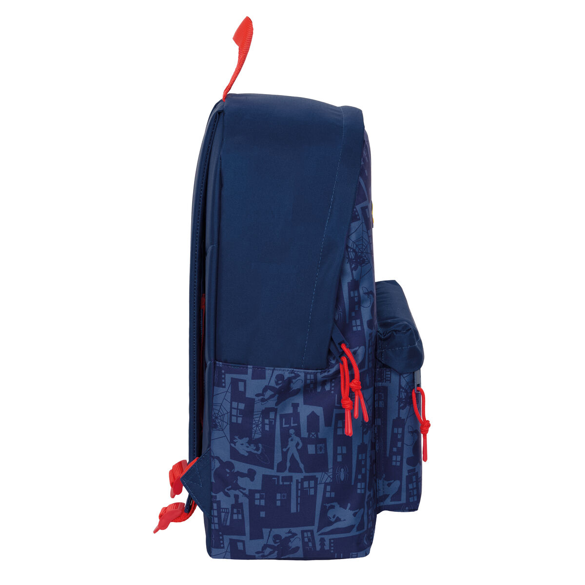 Dunkelblauer Rucksack mit Spiderman-Motiv und roten Reißverschlüssen.