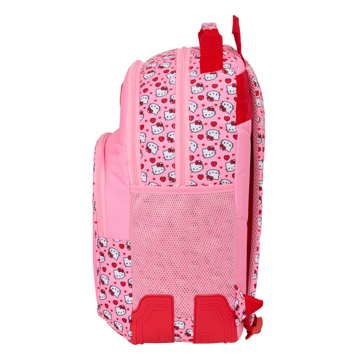 Ein pinker Rucksack mit Hello Kitty Motiv und roten Akzenten.