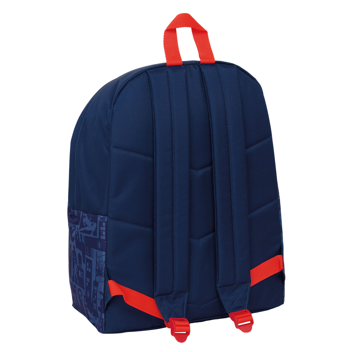 Dunkelblauer Rucksack mit roten Trägern und einem Stadtdruck.