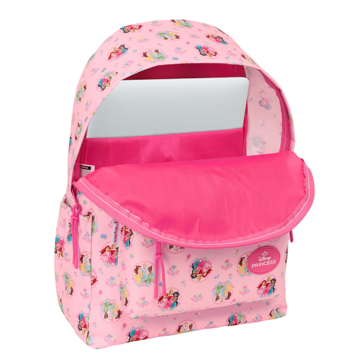 Uno zaino rosa con fantasie Disney Princess, aperto per rivelare un laptop e un interno rosa acceso.