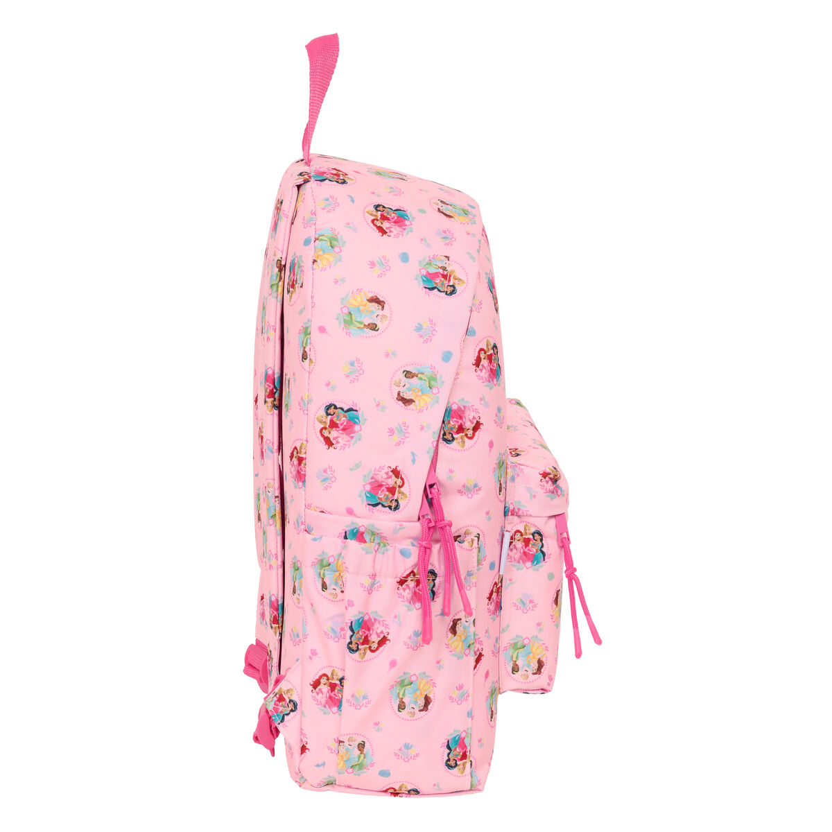Uno zaino rosa con principesse Disney e tasche laterali.