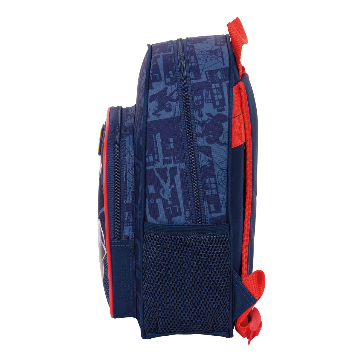 Ein marineblauer Rucksack mit roten Akzenten zeigt ein Spiderman-Stadtmuster und seitliche Netztaschen.