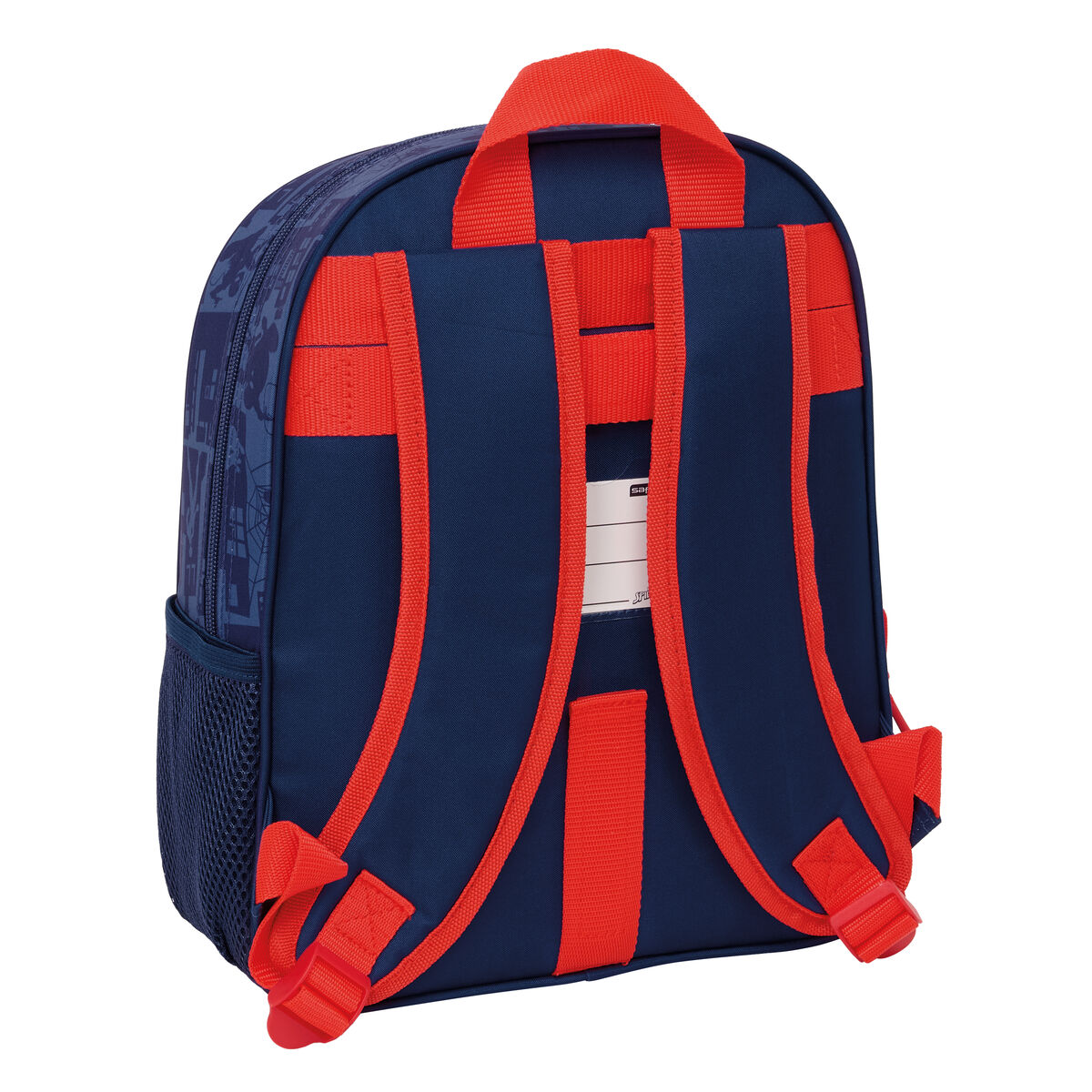 Dunkelblauer Rucksack mit roten Trägern und Spiderman-Aufdruck.