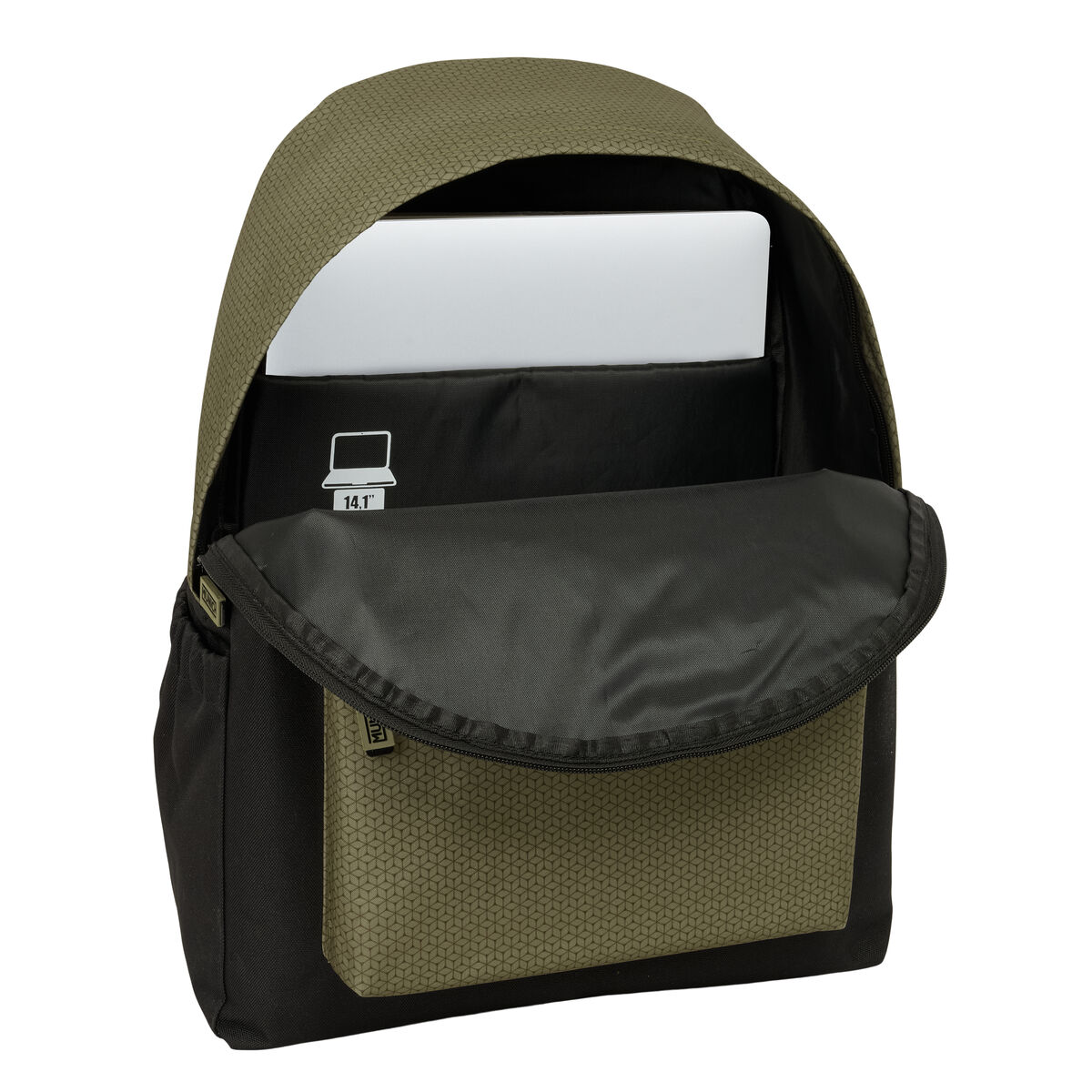 Grüne und schwarze Rucksack mit Laptopfach, 14,1 Zoll.