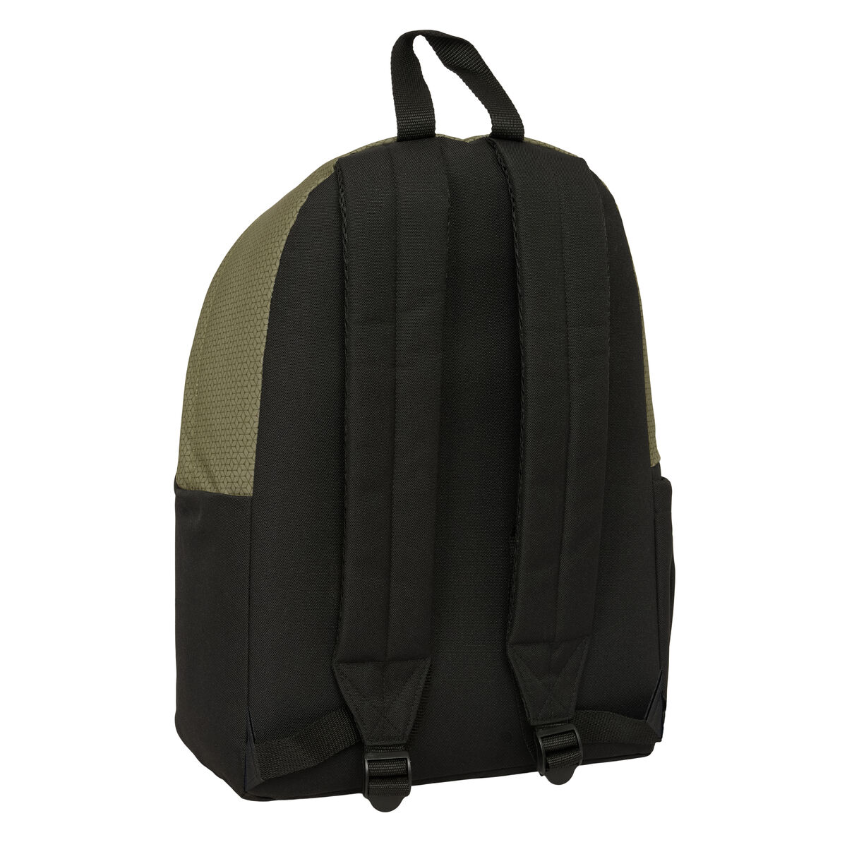 Ein grüner und schwarzer Rucksack mit gepolsterten Trägern.