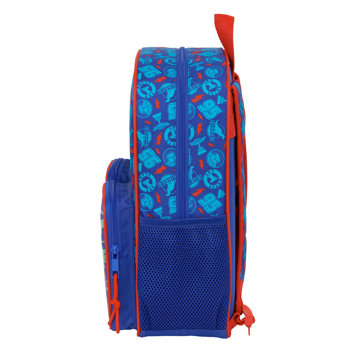 Blauer Rucksack mit Dinoco-Muster, rotem Reißverschluss und Netzfächern.