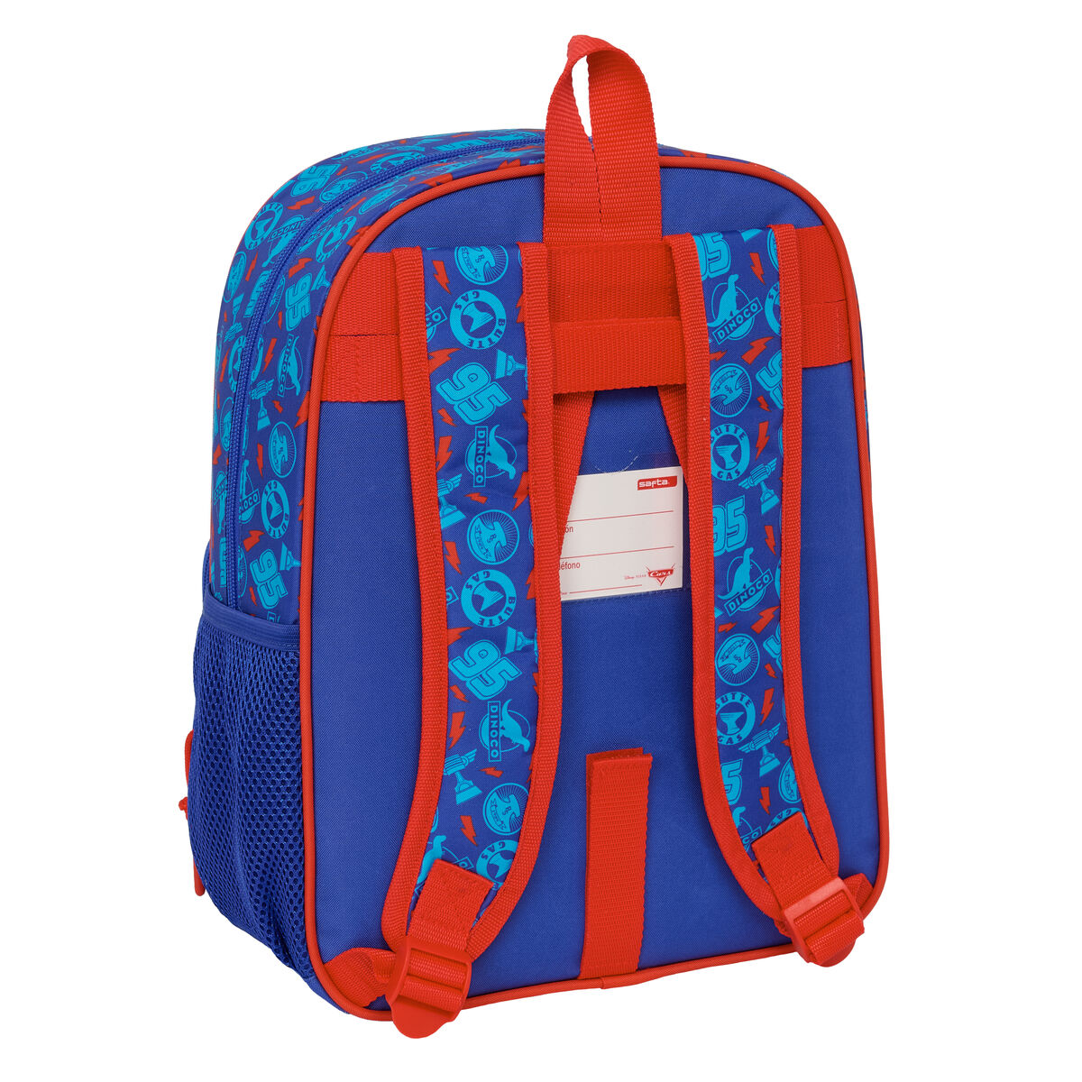Blauer Rucksack mit rotem Trägermuster und Cars-Motiv.