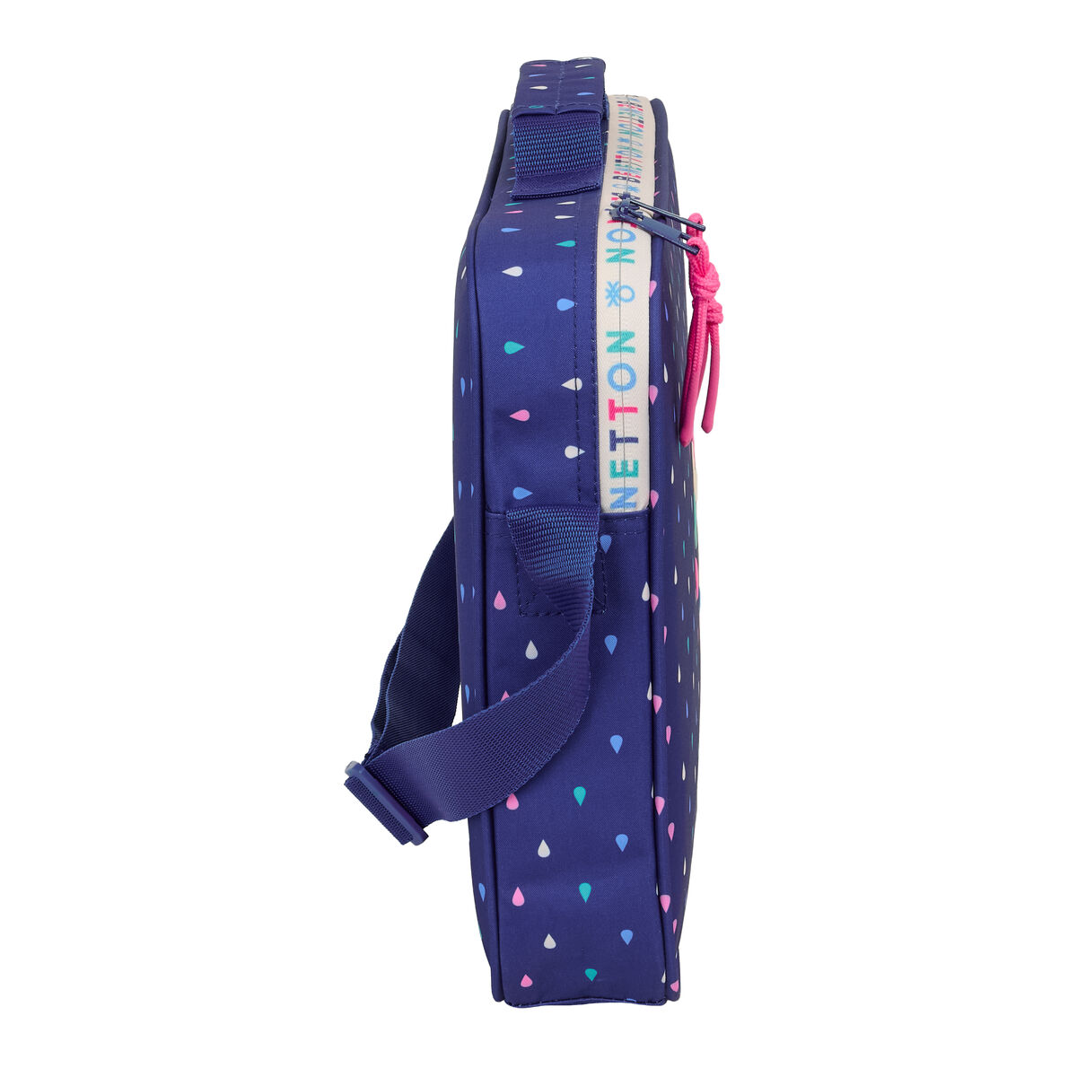 Dunkelblaue Tasche mit Tropfenmuster und rosa Reißverschlussanhänger.
