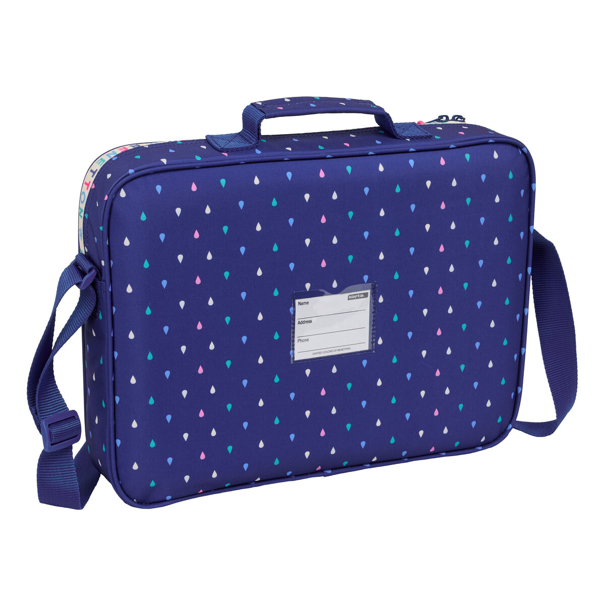 Dunkelblaue Tasche mit Regentropfenmuster in Blau, Pink und Weiß.