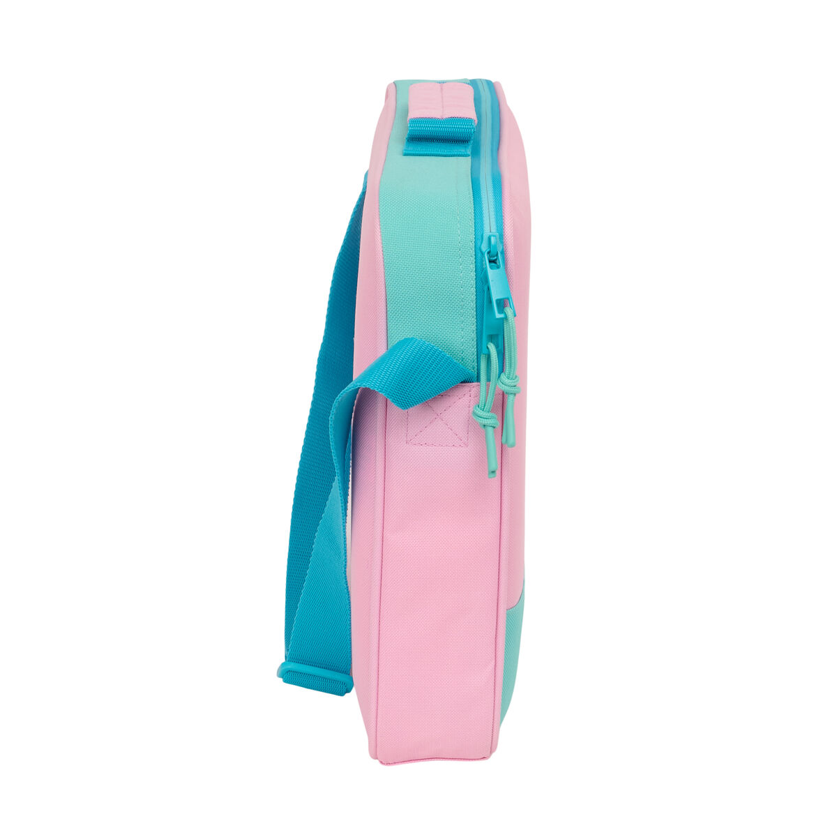 Eine pinke Tasche mit türkisfarbenem Riemen und Reißverschluss.