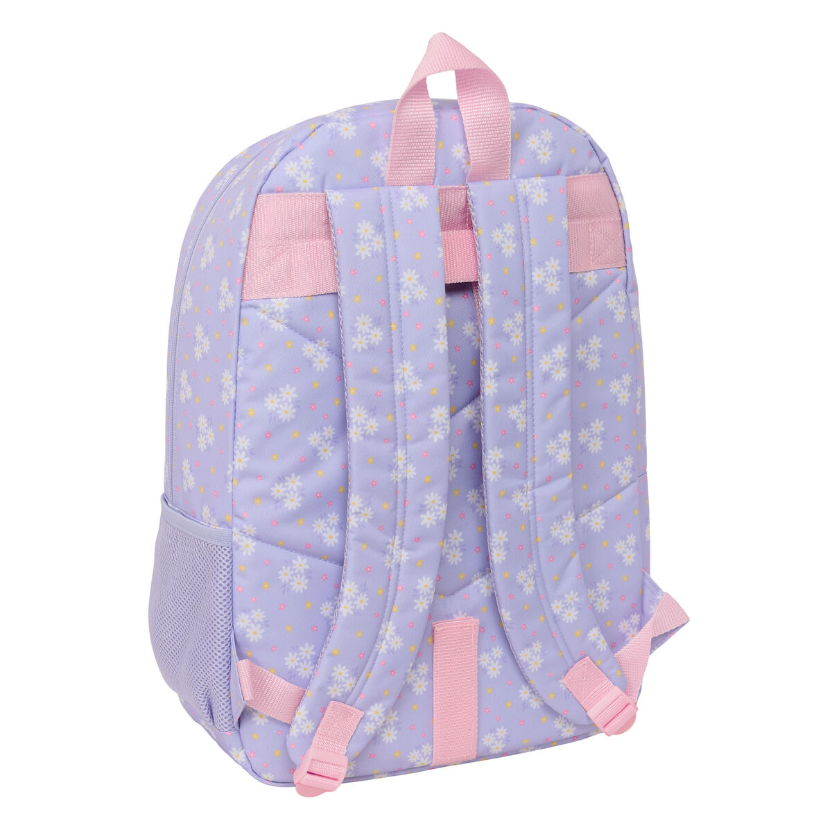 Lila Rucksack mit Gänseblümchen-Muster und rosa Trägern.