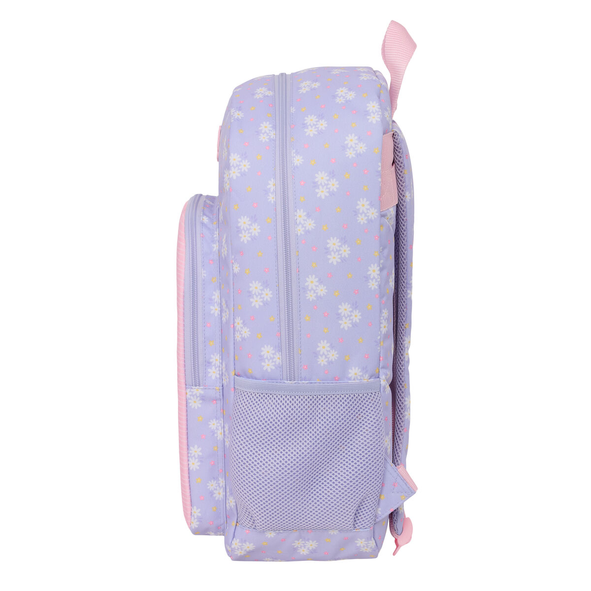 Lila Rucksack mit Blumenmuster, Mesh-Taschen und rosa Akzenten.