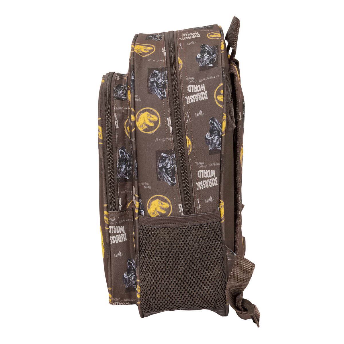 Brauner Rucksack mit Jurassic World-Dino-Print und Netzfächern an der Seite.