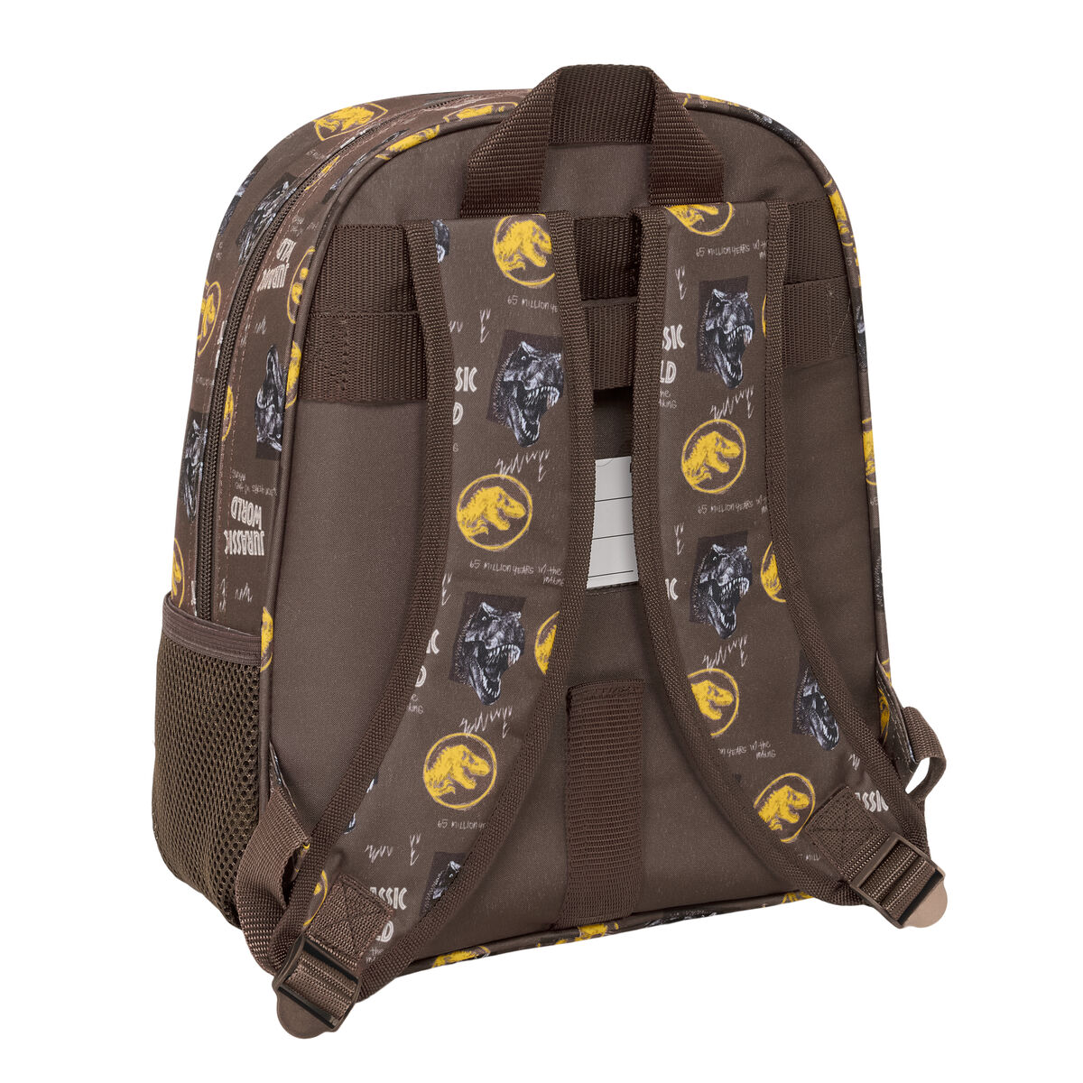 Brauner Rucksack mit Jurassic World-Dino-Print und Schultergurten.