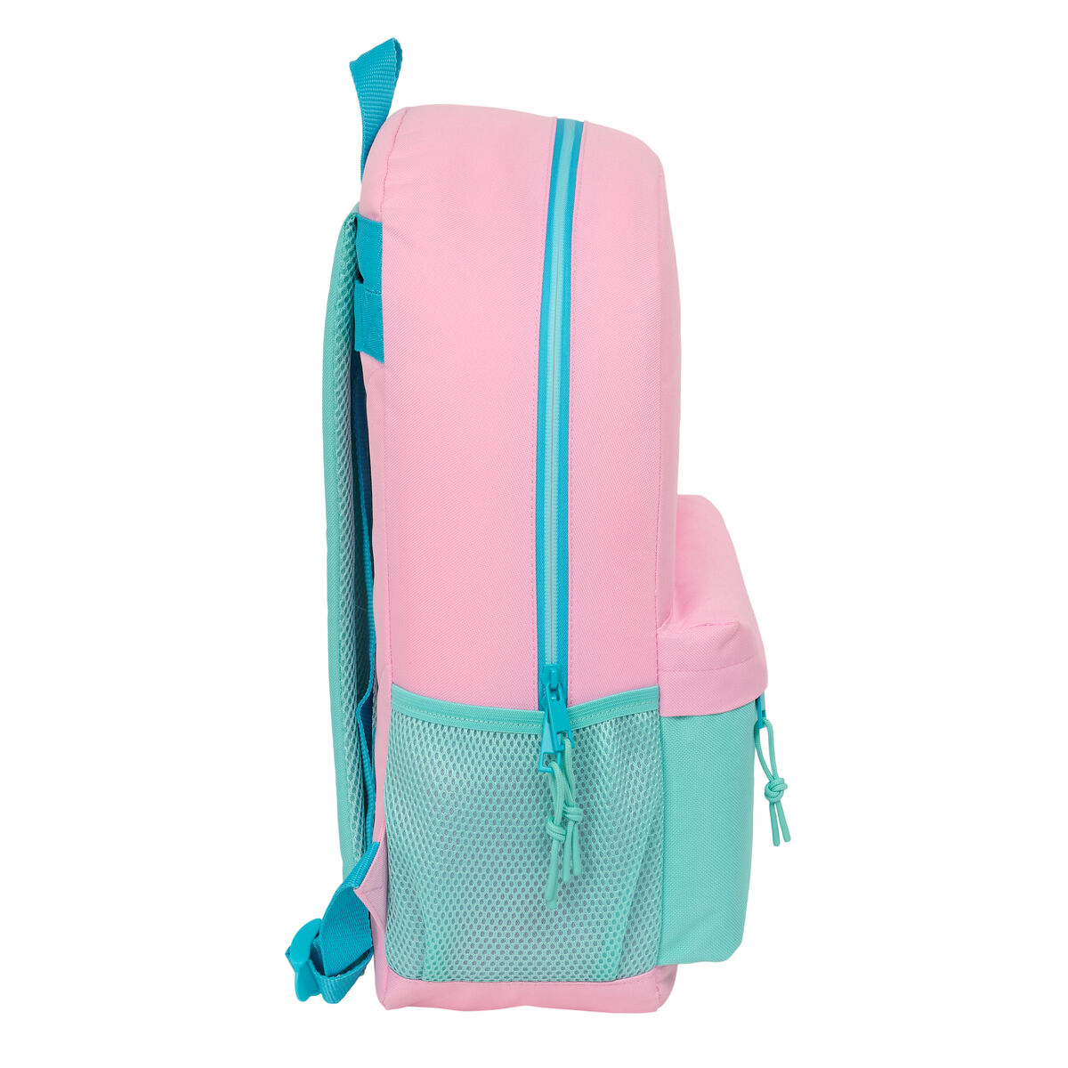 Ein pinker Rucksack mit türkisfarbenen Reißverschlüssen und Netzfächern.