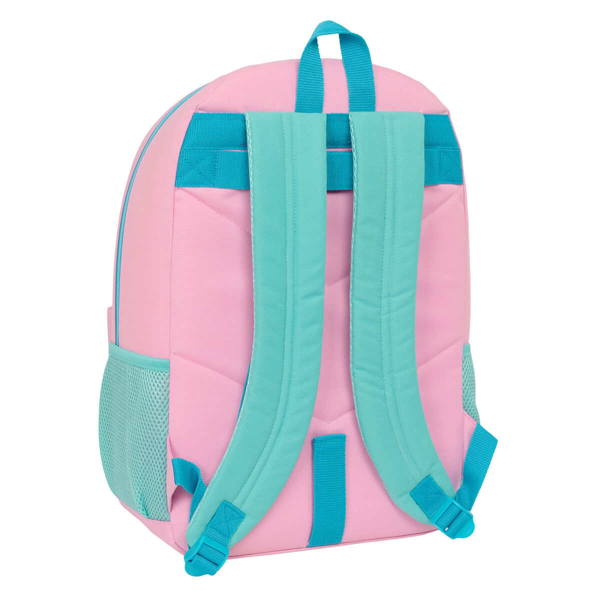 Ein pinker Rucksack mit türkisfarbenen Trägern und Netzseitentaschen.