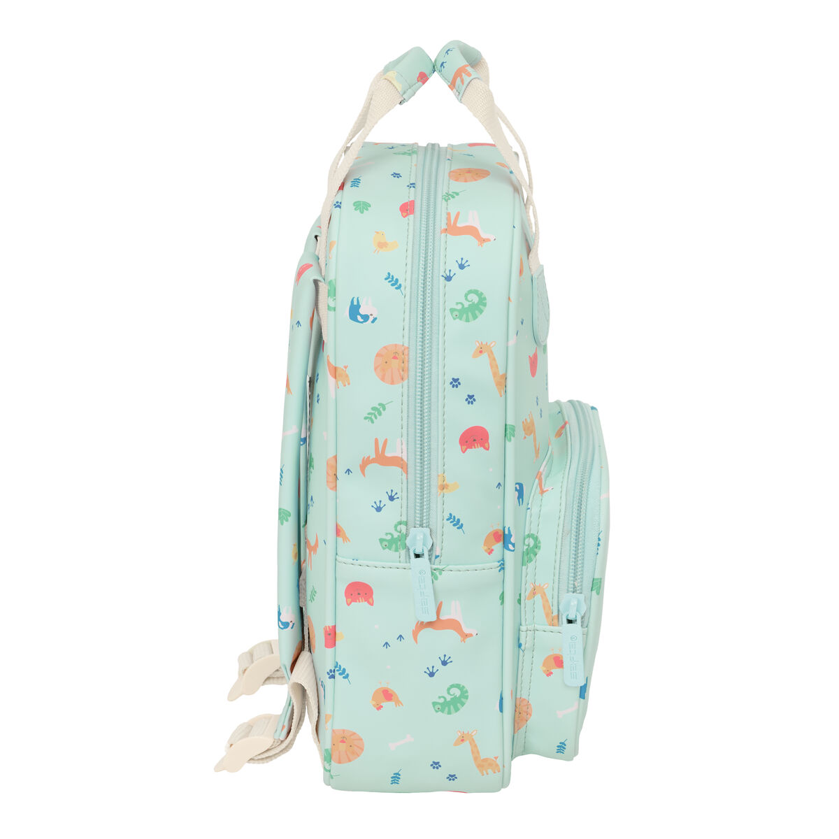 Hellblauer Rucksack mit Tiermotiven.