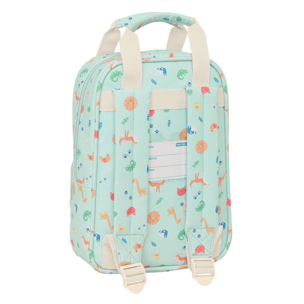 Ein mintgrüner Rucksack mit Tiermotiven und weißen Trägern.