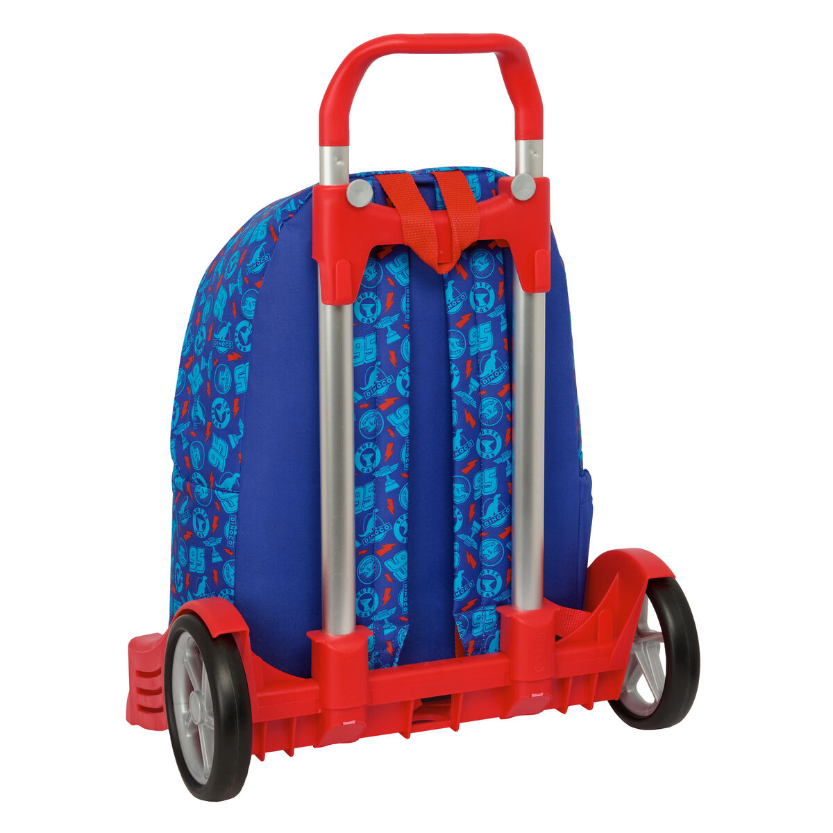 Ein blauer Rucksack mit rotem Rahmen, Teleskopgriff und Rädern. Zeigt einen Aufdruck im Cars-Stil.