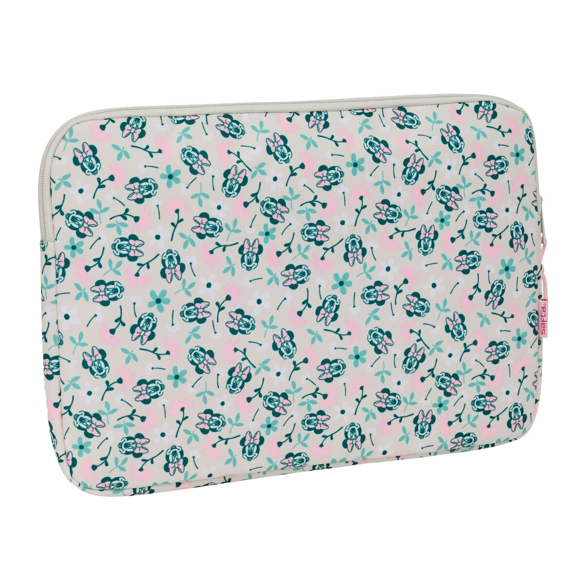 Eine Laptoptasche mit einem Muster aus Blumen und Minnie Maus Gesichtern.