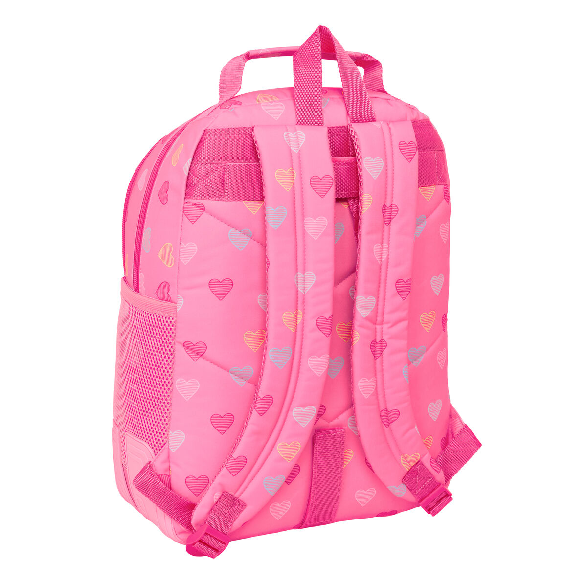 Uno zaino rosa con fantasia a cuori e spalline regolabili.