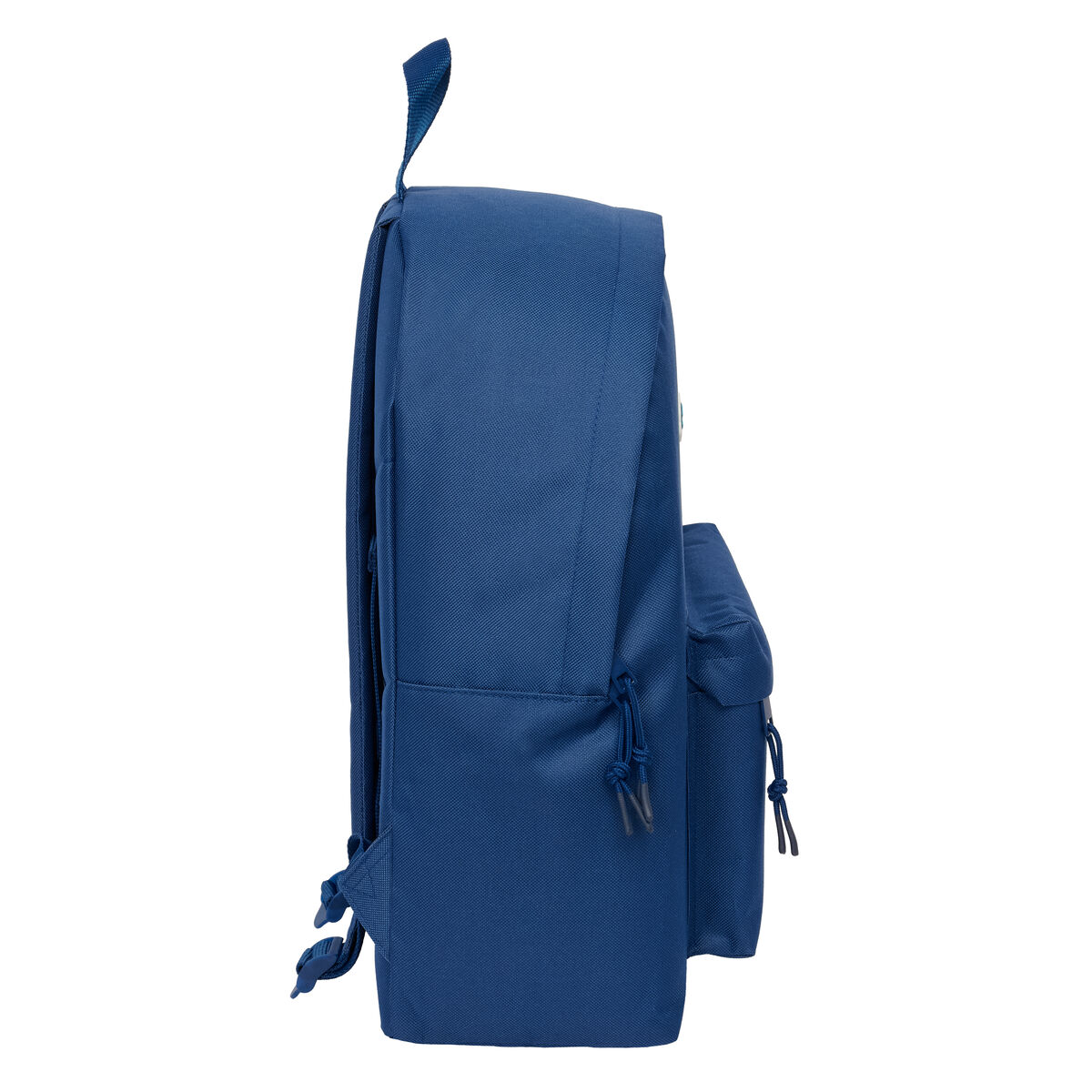 Uno zaino blu navy con manico superiore e tasche con zip.