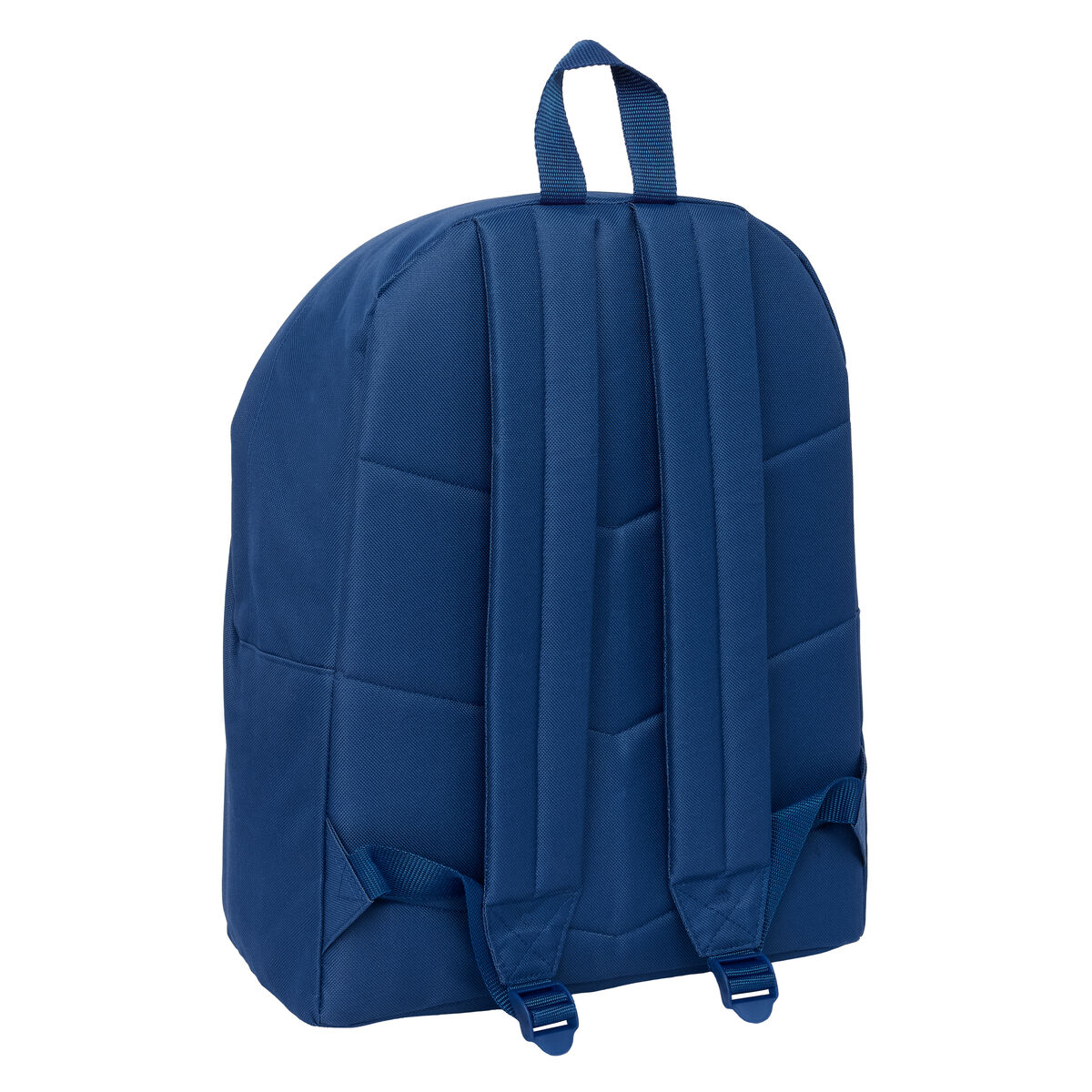 Zaino blu scuro con spallacci imbottiti e un anello in alto.
