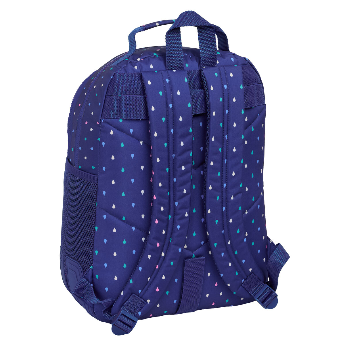 Dunkelblauer Rucksack mit Tropfenmuster in Weiß, Pink und Türkis.