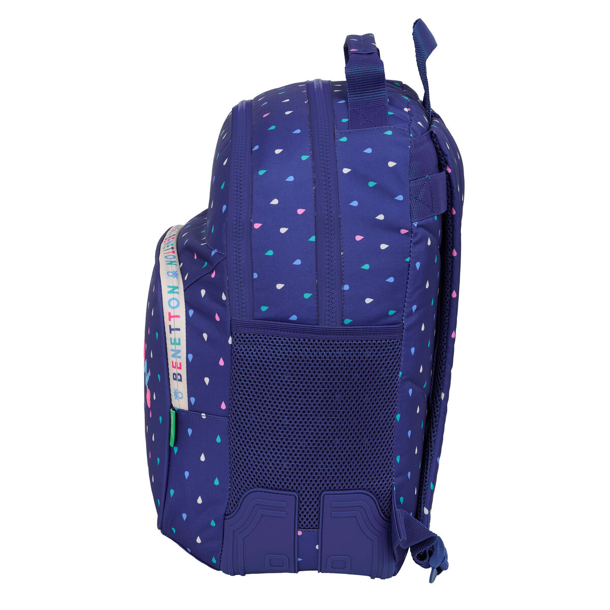 Ein dunkelblauer Rucksack mit tropfenförmigem Muster in Rosa, Blau und Grün.