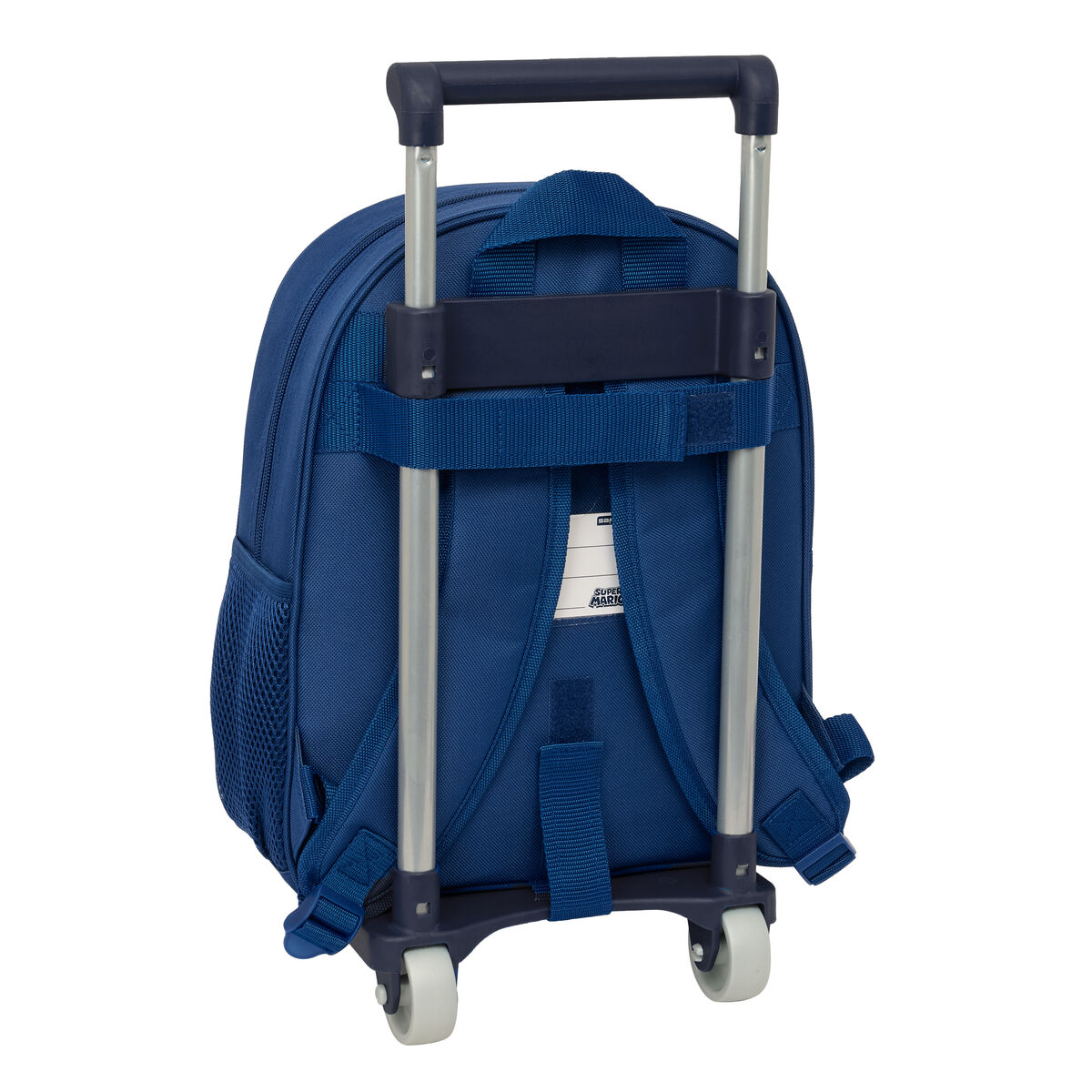 Dunkelblauer Rollkoffer-Rucksack mit ausziehbarem Griff und Rädern.
