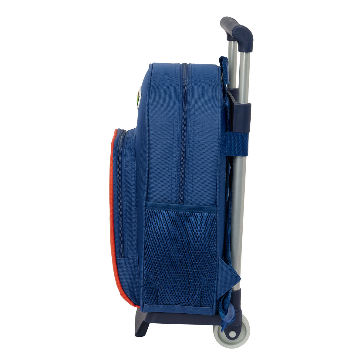 Blauer Rollkoffer-Rucksack mit orangefarbenen Akzenten und Netzseitentaschen.
