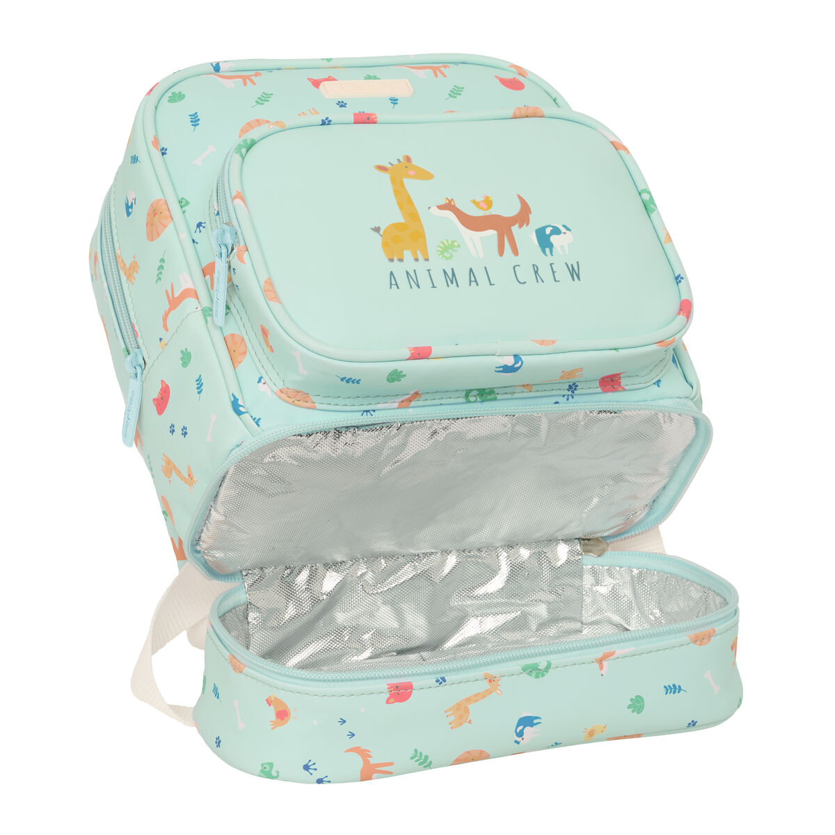Ein mintgrüner Rucksack mit Tierdruck, offen mit silbernem Futter.
