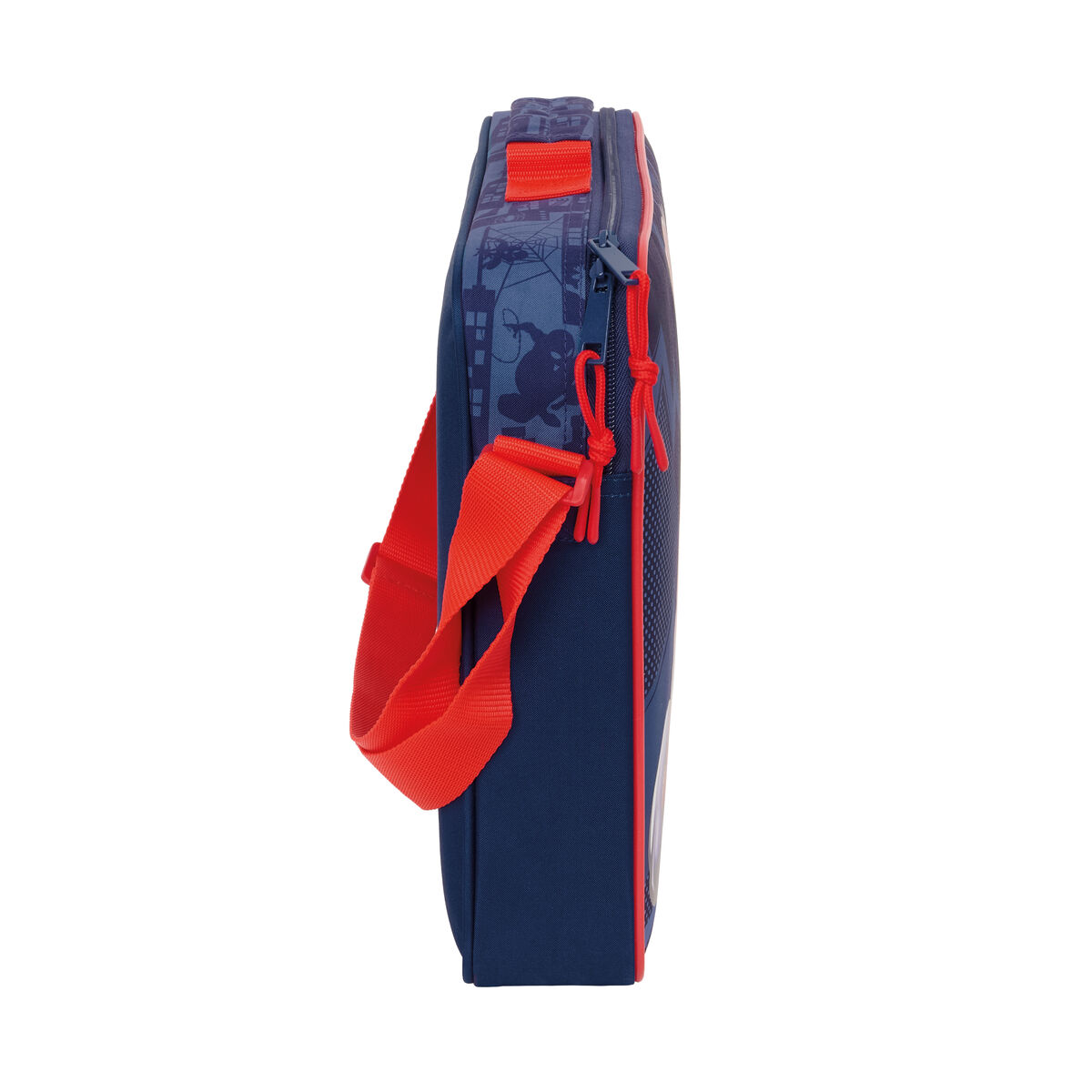 Dunkelblaue Tasche mit roten Trägern und Spiderman-Muster.