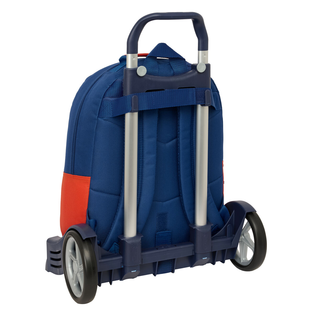Uno zaino blu con ruote e manico retrattile.