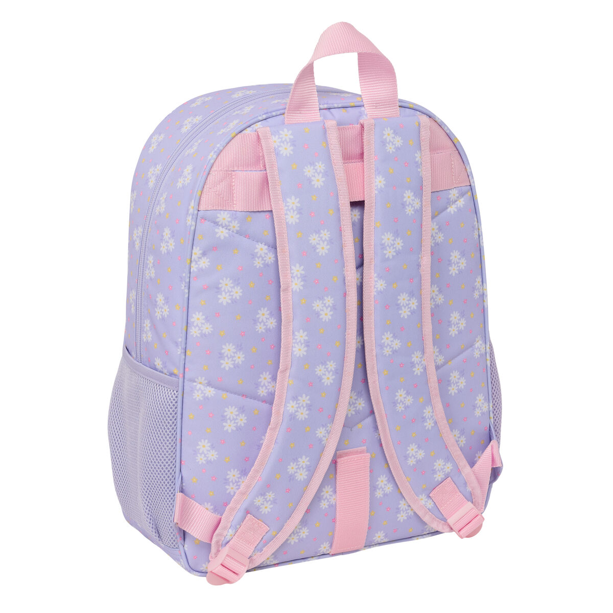 Lila Rucksack mit Blumenmuster, rosa Trägern und Netzseitentaschen.