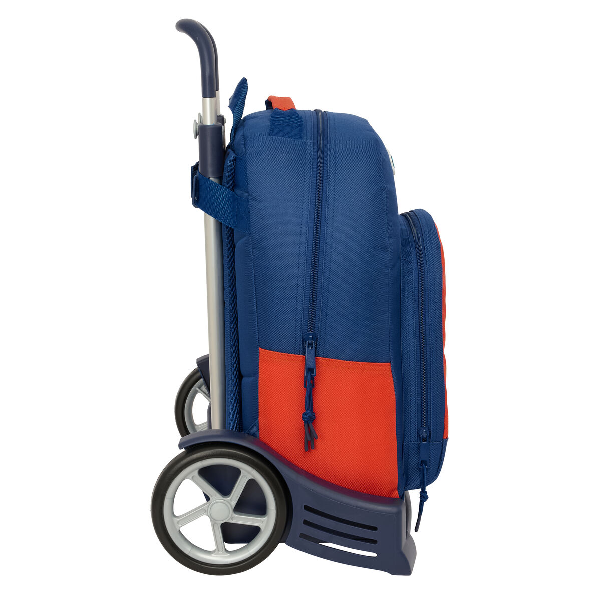 Zaino con rotelle blu e arancione con manico estraibile.
