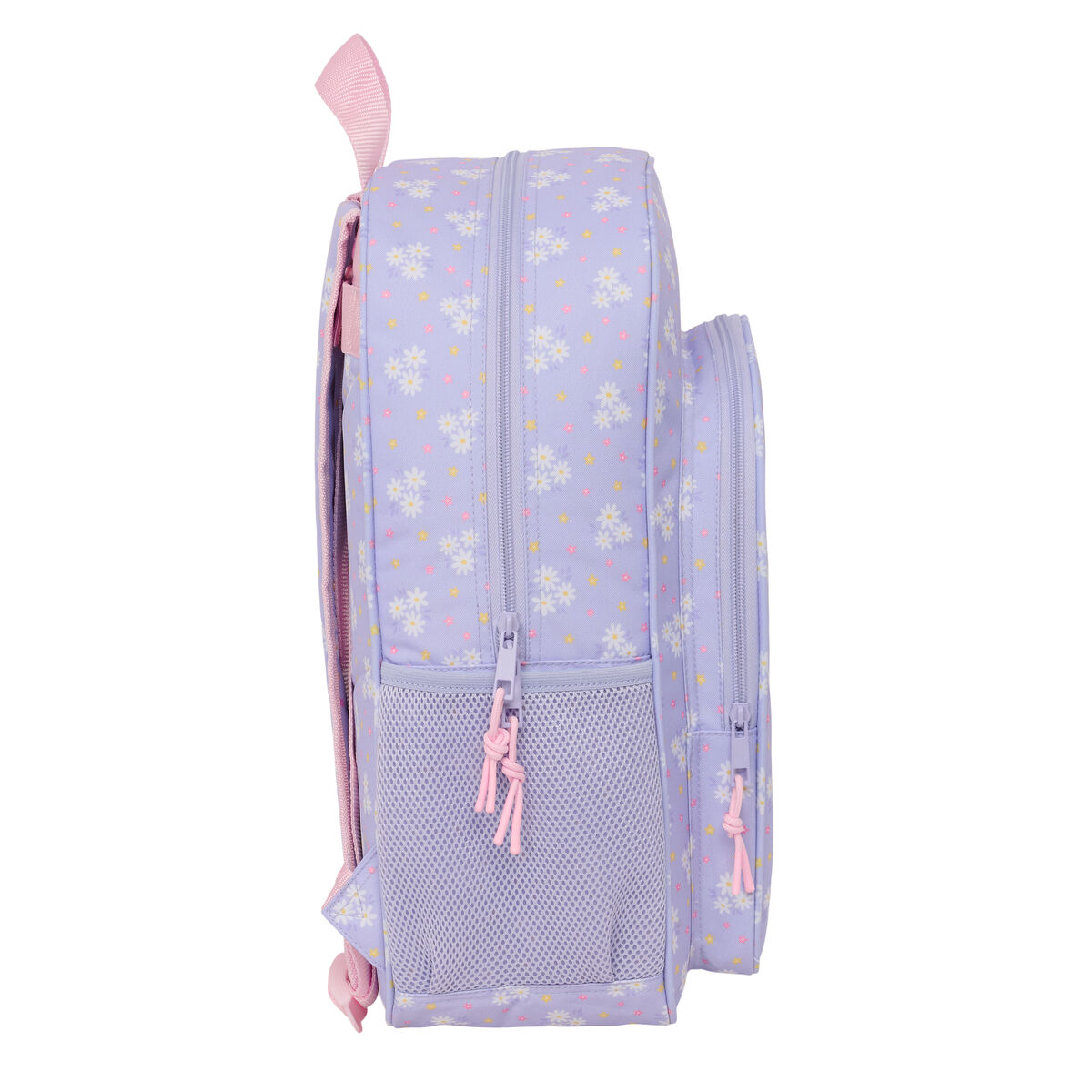 Lila Rucksack mit Blumenmuster, Reißverschluss und Netztaschen.