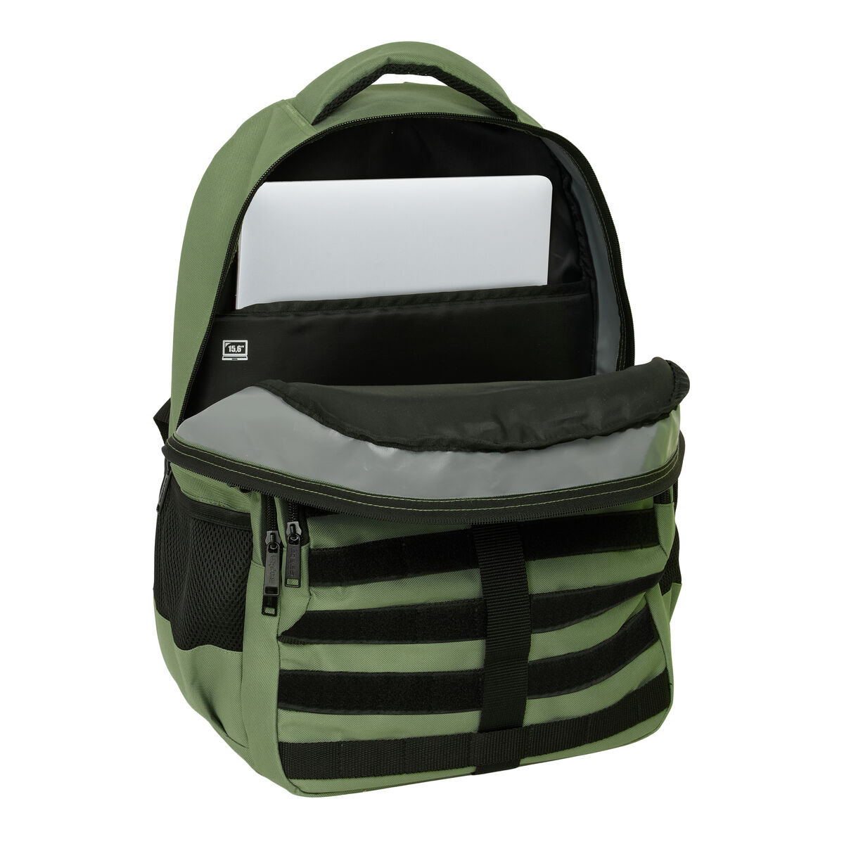 Grüner Rucksack mit offenem Hauptfach, Laptopschale und schwarzem Netz.