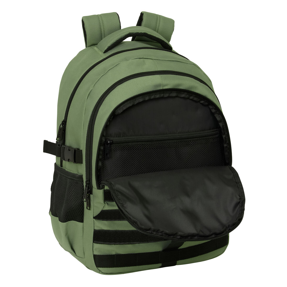 Grüner Rucksack mit offenen Fächern und schwarzen Reißverschlüssen.