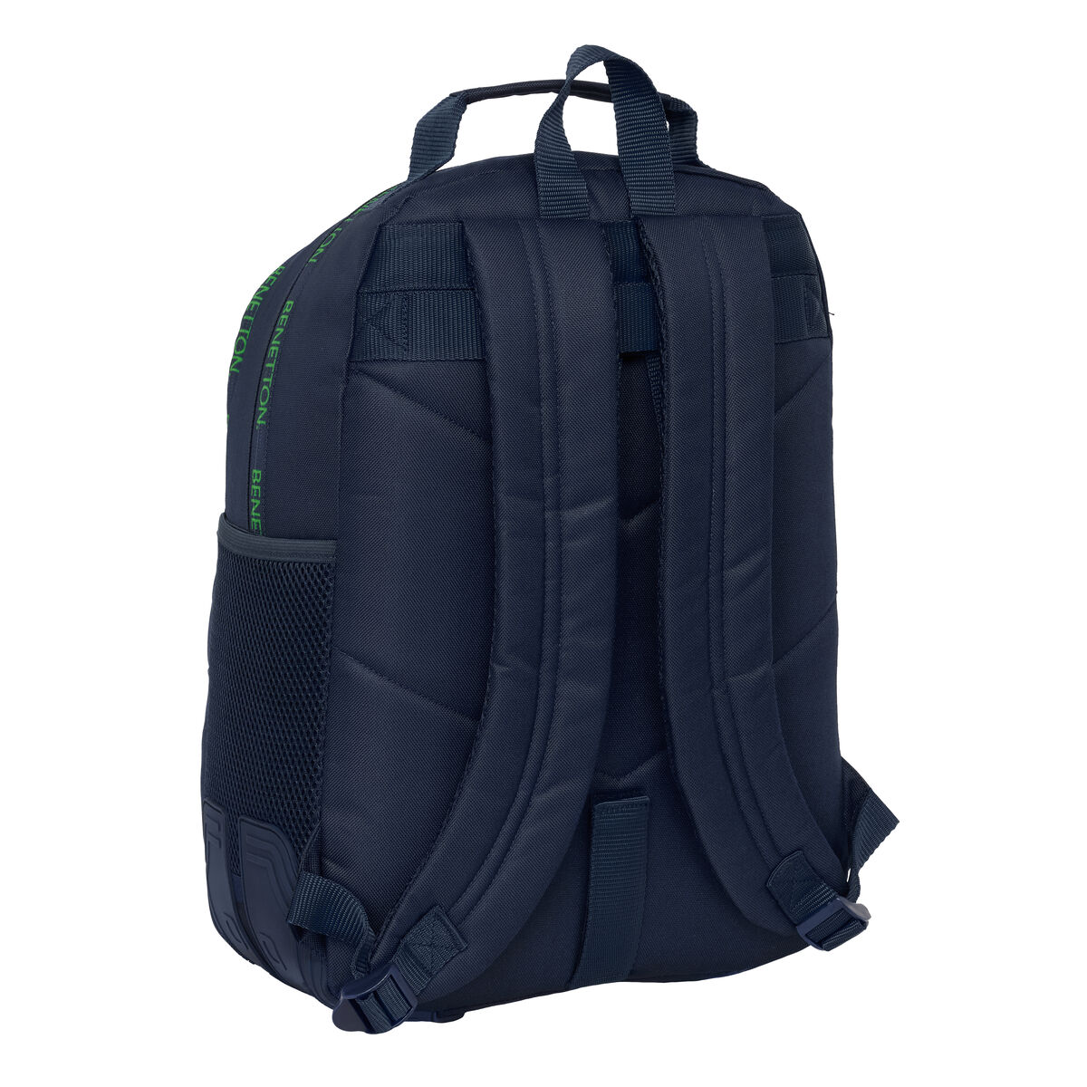 Dunkelblauer Rucksack mit gepolsterten Trägern und "BENETTON"-Schriftzug.