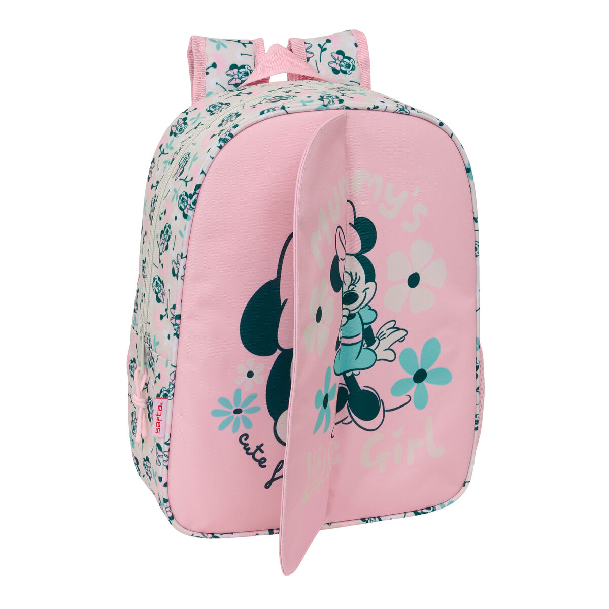 Ein rosa Rucksack mit Minnie Maus und Blumenmuster.