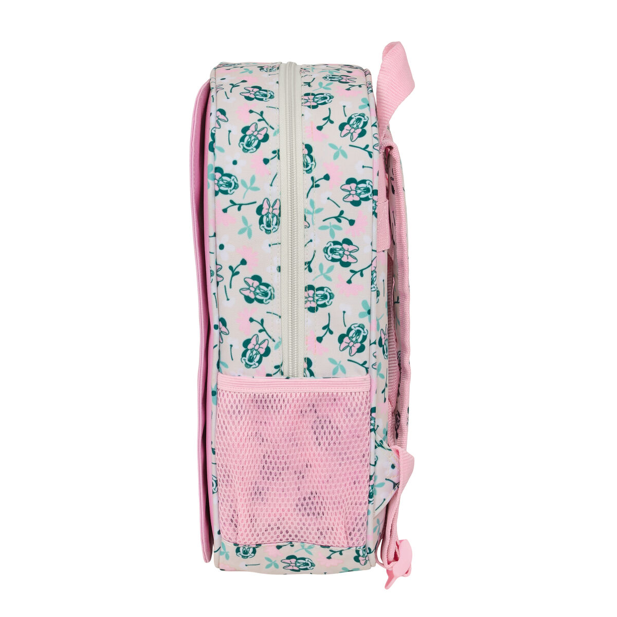 Ein Rucksack mit Blumenmuster und Minnie Maus-Applikationen auf beigem Grund.