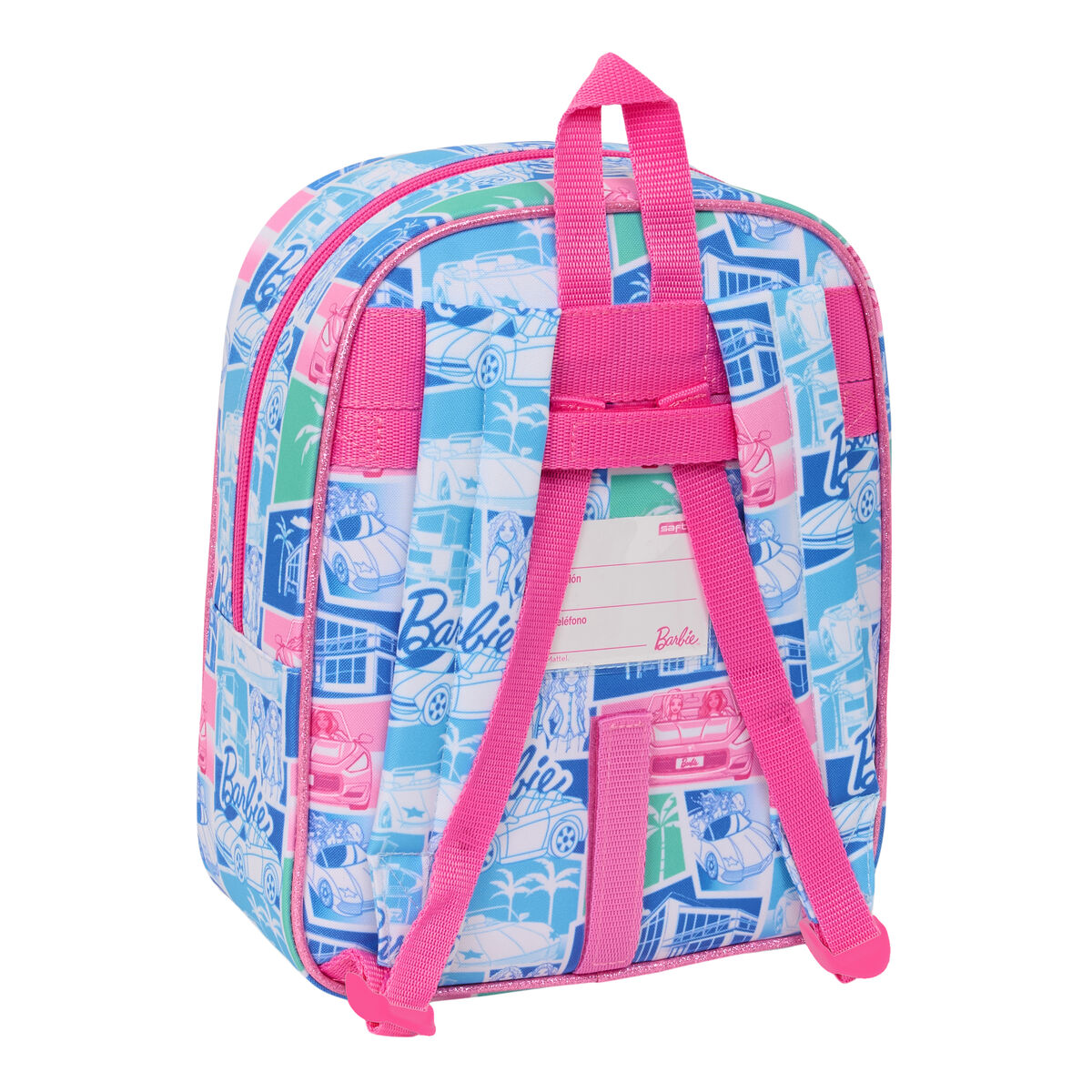 Rucksack mit Barbie-Druck, Autos, Palmen, pinken Trägern.