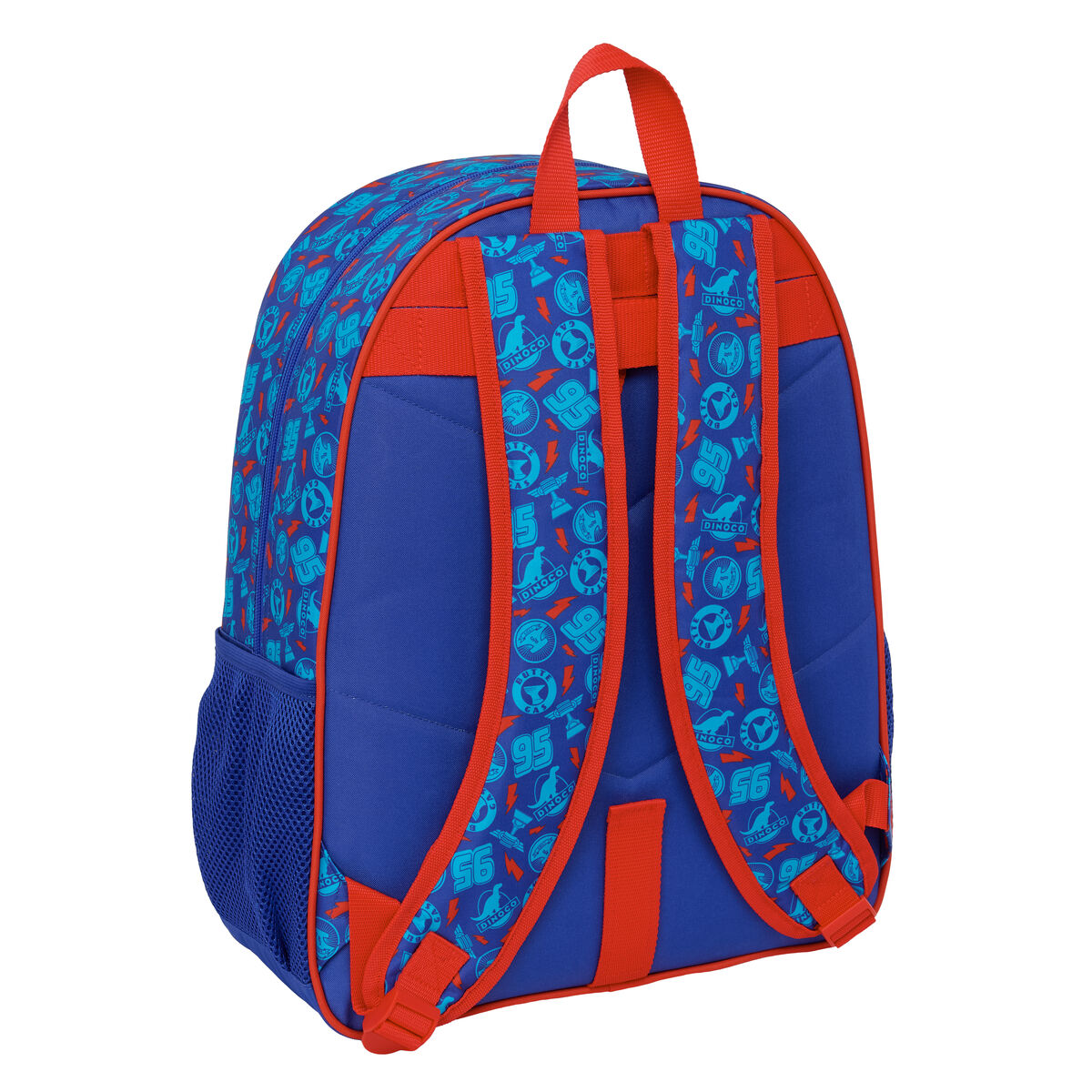Blauer Rucksack mit roten Trägern und einem Dino-Logo-Muster.