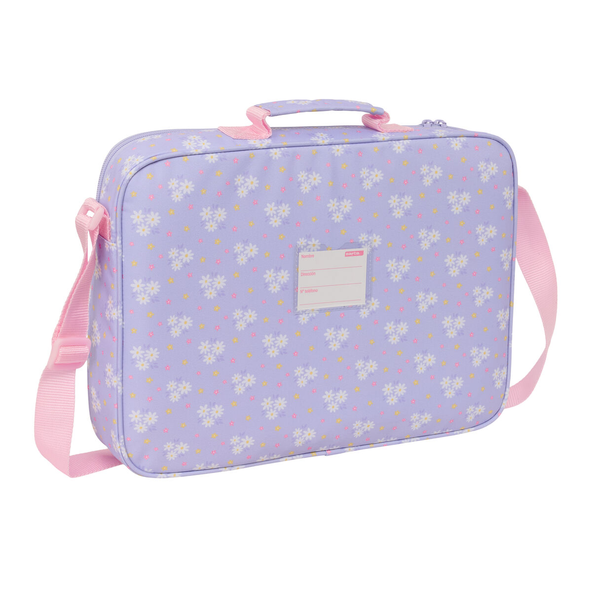 Eine lila Tasche mit Blumenmuster und rosa Trägern.