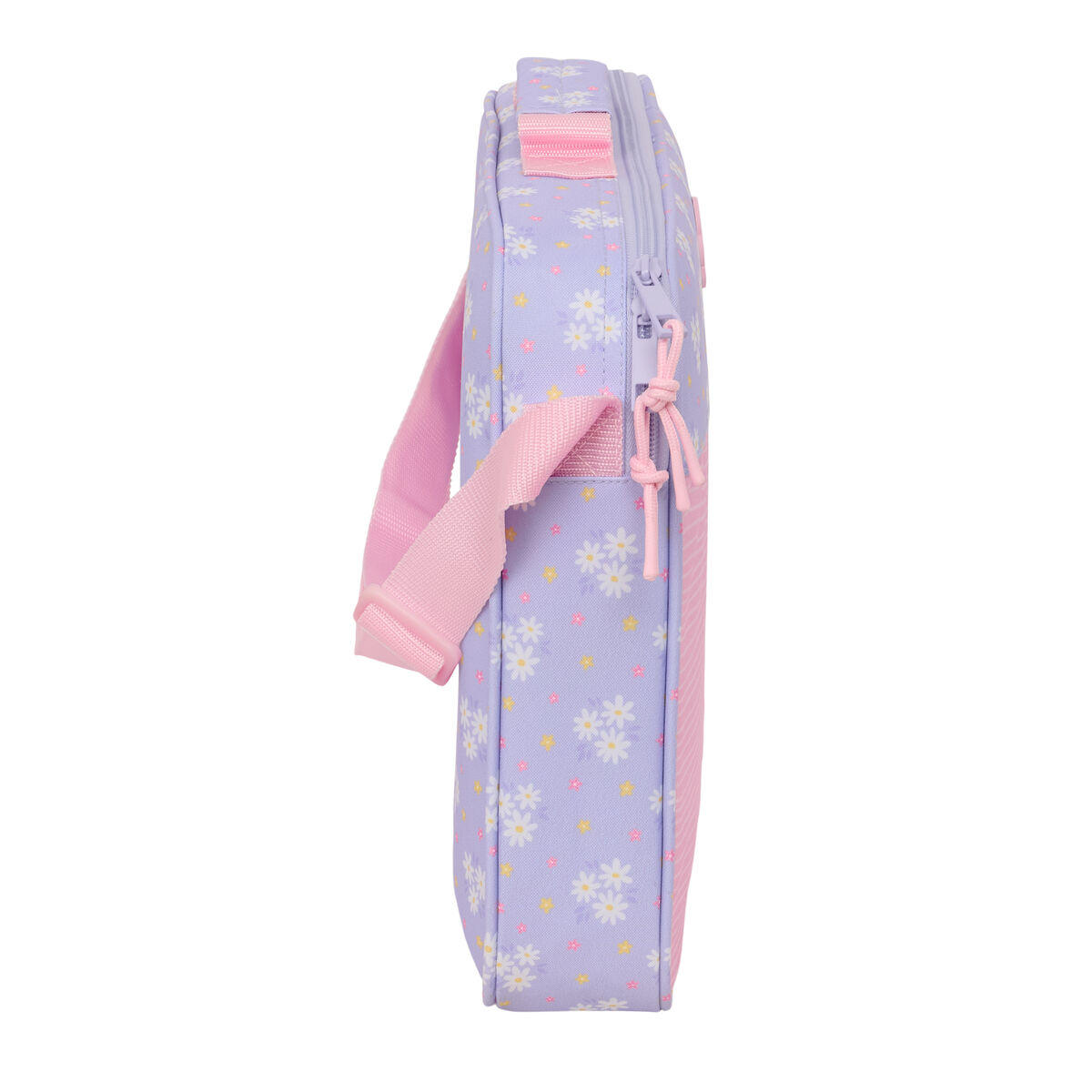 Eine lavendelfarbene Tasche mit Blumenmuster und pinkfarbenen Riemen.