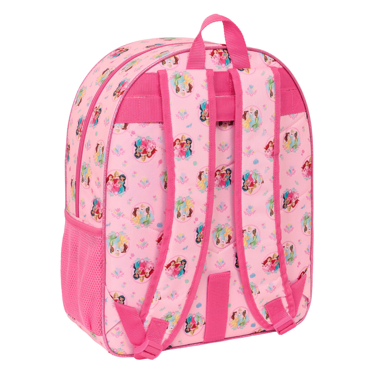Ein rosafarbener Rucksack mit Prinzessinnen-Motiv und Netzseitentaschen.