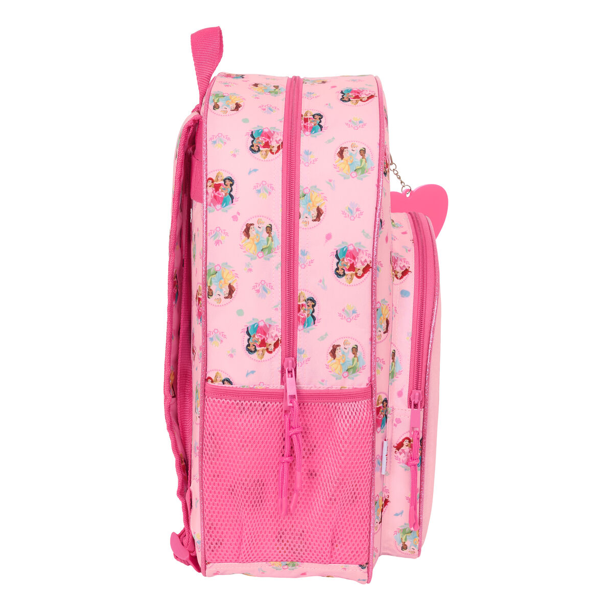 Ein rosa Rucksack mit Prinzessinnen-Aufdruck und Netzfächern.